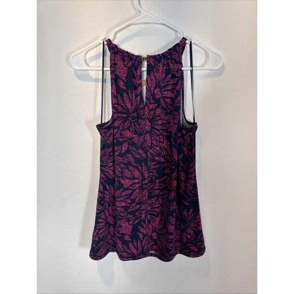Michael Kors Tank Top Size Small Gold Logo Floral Print Pink Navy Blue - Medium - Picture 5 of 7